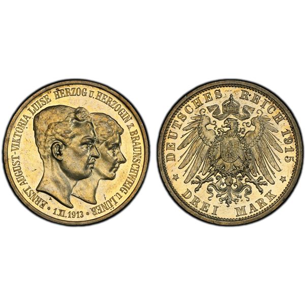 BRUNSWICK-WOLFENBÜTTEL: Ernst August, 1913-1918, AR 3 mark, 1915-A, PCGS Proof 63