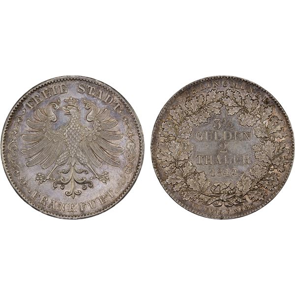 FRANKFURT AM MAIN: Free City, AR 2 thaler, 1842, AU