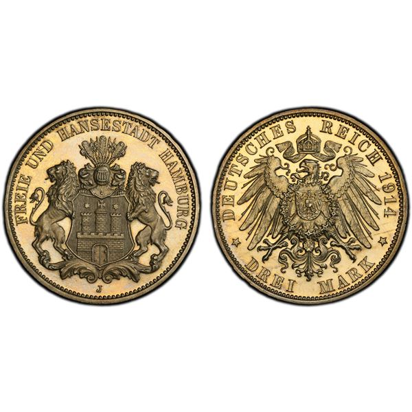 HAMBURG: Free Hanseatic City, AR 3 mark, 1914-J, PCGS Proof 62