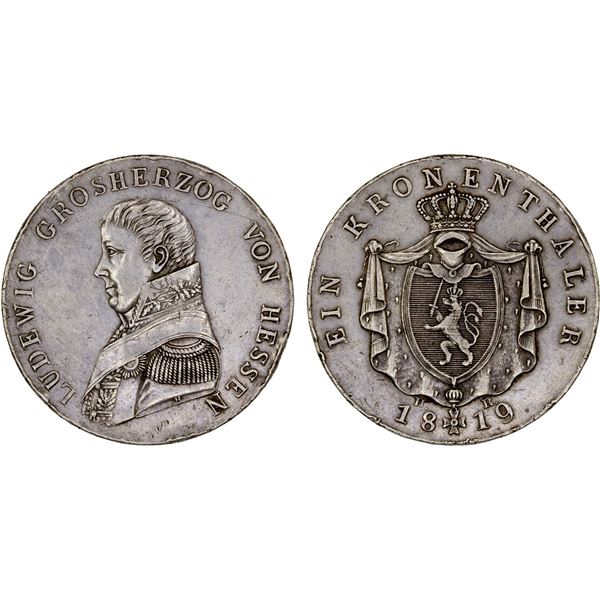 HESSE-DARMSTADT: Ludwig I, 1803-1821, AR thaler, 1819, VF-XF