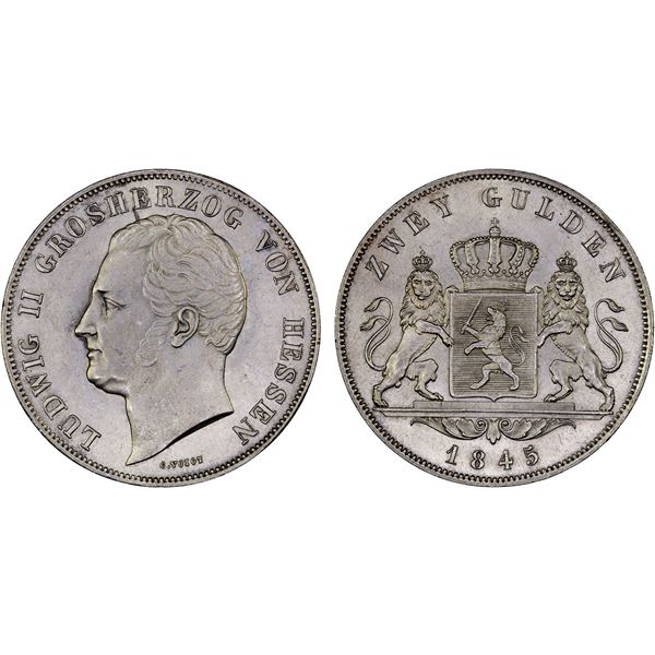 HESSE-DARMSTADT: Ludwig II, 1830-1848, AR 2 gulden, 1845, Unc