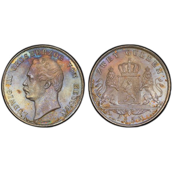 HESSE-DARMSTADT: Ludwig III, 1848-1877, AR 2 gulden, 1855, PCGS MS66