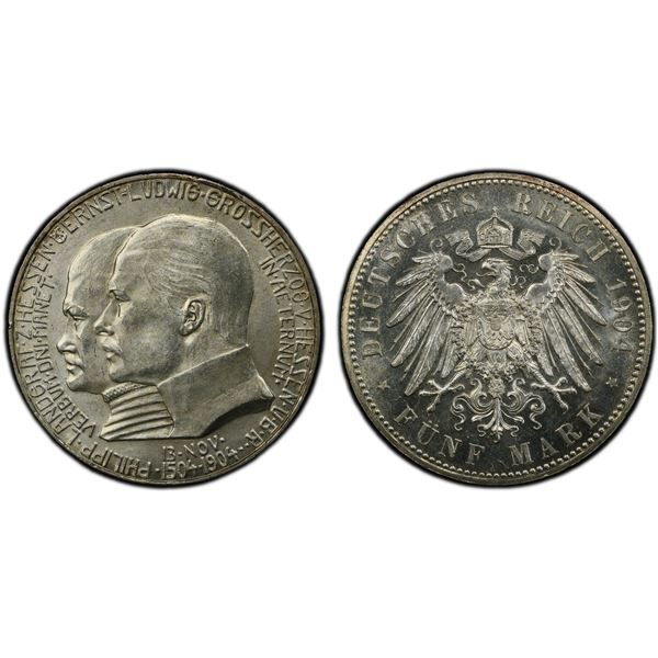 HESSE-DARMSTADT: Ernst Ludwig, 1892-1918, AR 5 mark, 1904, PCGS Proof 64