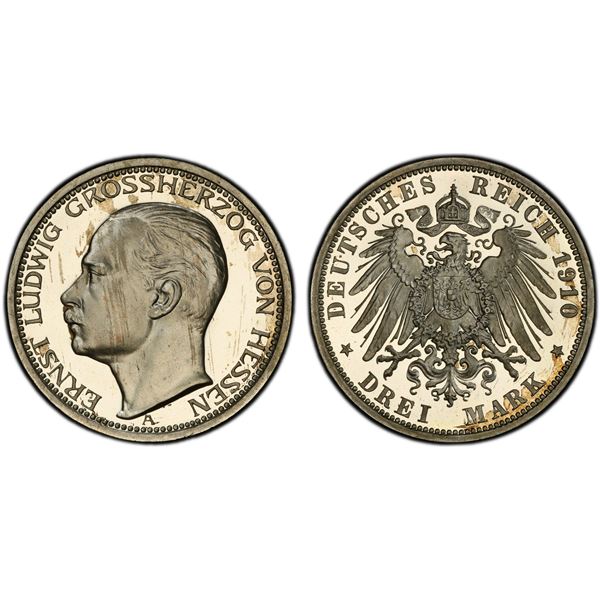 HESSE-DARMSTADT: Ernst Ludwig, 1892-1918, AR 3 mark, 1910-A, PCGS Proof 64 DCAM