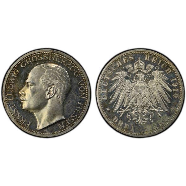 HESSE-DARMSTADT: Ernst Ludwig, 1892-1918, AR 3 mark, 1910-A, PCGS Proof 63