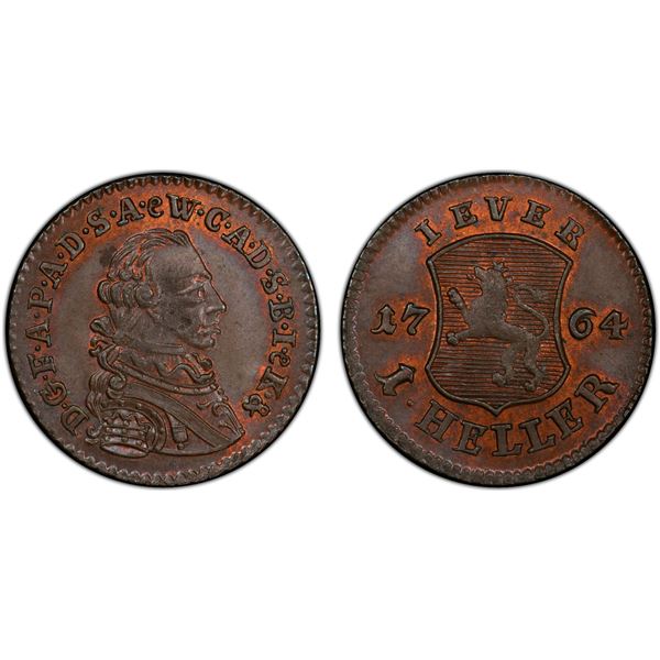 JEVER: Friedrich August von Anhalt-Zerbst, 1747-1793, AE heller, 1764, PCGS MS64 BN