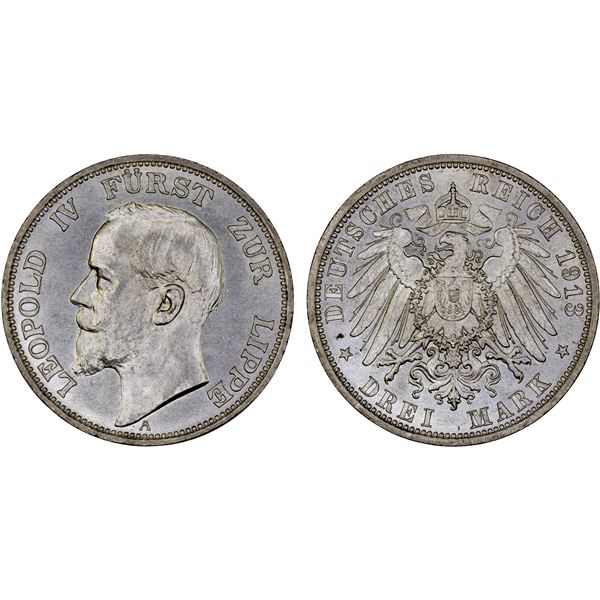 LIPPE: Leopold IV, 1904-1918, AR 3 mark, 1913-A, Unc