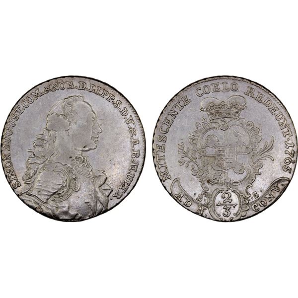 LIPPE-DETMOLD: Simon August, 1734-1782, AR 2/3 thaler, 1765, VF
