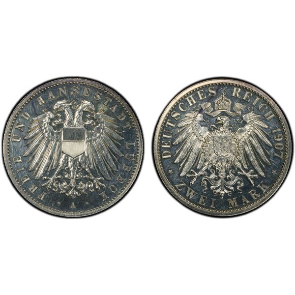 LÜBECK: Free Hanseatic City, AR 2 mark, 1907-A, PCGS Proof 62