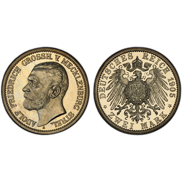 MECKLENBURG-STRELITZ: Adolf Friedrich V, 1904-1914, AR 2 mark, 1905-A, PCGS Proof 64