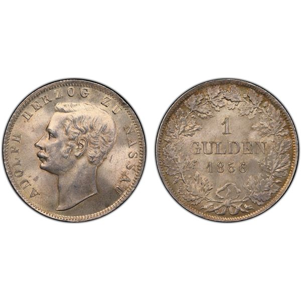 NASSAU: Adolph, 1839-1866, AR gulden, Wiesbaden, 1856, PCGS MS64