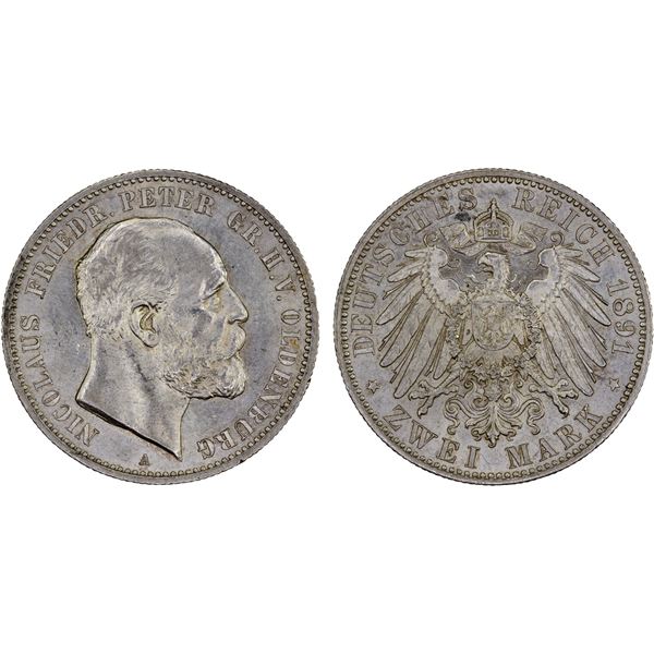 OLDENBURG: Nicolaus Friedrich Peter, 1853-1900, AR 2 mark, 1891-A, AU