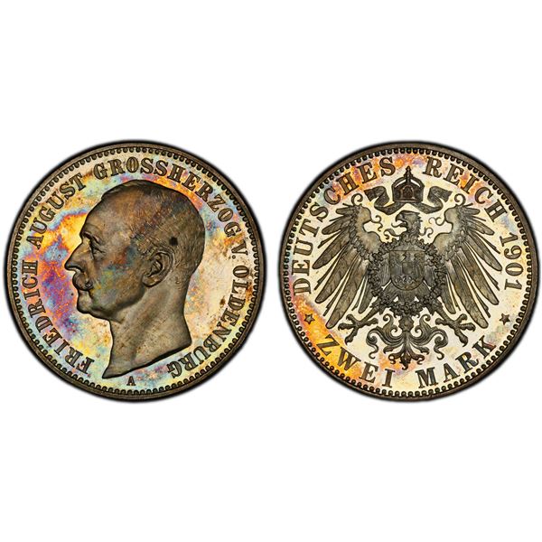 OLDENBURG: Friedrich August II, 1900-1918, AR 2 mark, 1901-A, PCGS Proof 63