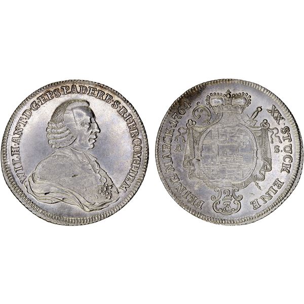 PADERBORN: Wilhelm Anton von Asseburg, 1763-1782, AR 2/3 thaler, 1764, XF