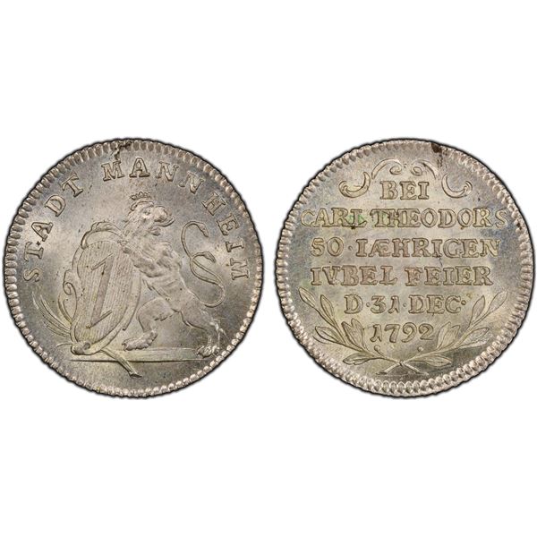 PFALZ: Karl Theodor von Sulzbach, 1742-1799, AR ducat, 1792, PCGS Specimen 65