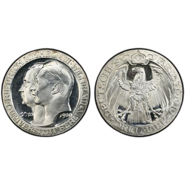 PRUSSIA: Wilhelm II, 1888-1918, AR 3 mark, 1910-A, PCGS Proof 65 CAM