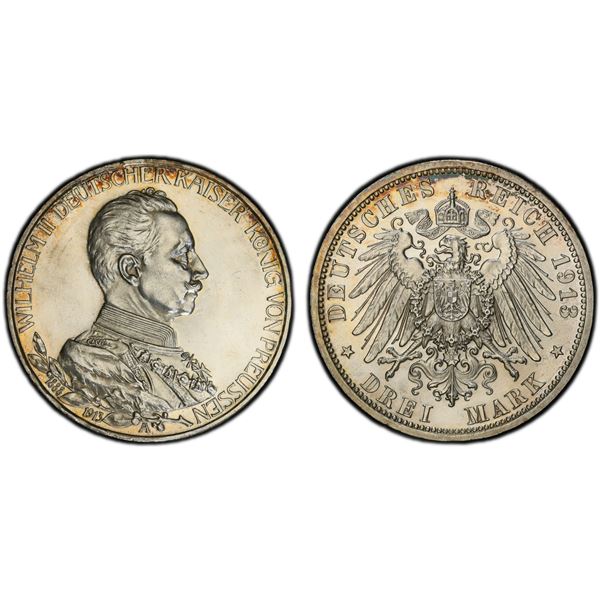 PRUSSIA: Wilhelm II, 1888-1918, AR 3 mark, 1913-A, PCGS Proof 62