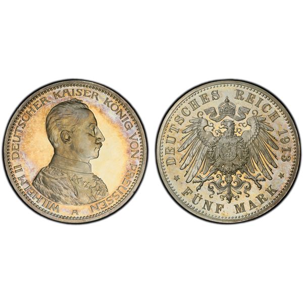 PRUSSIA: Wilhelm II, 1888-1918, AR 5 mark, 1913-A, PCGS Proof 64 CAM