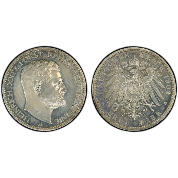REUSS-GREIZ: Heinrich XXIV, 1902-1918, AR 3 mark, 1909-A, PCGS Proof 63