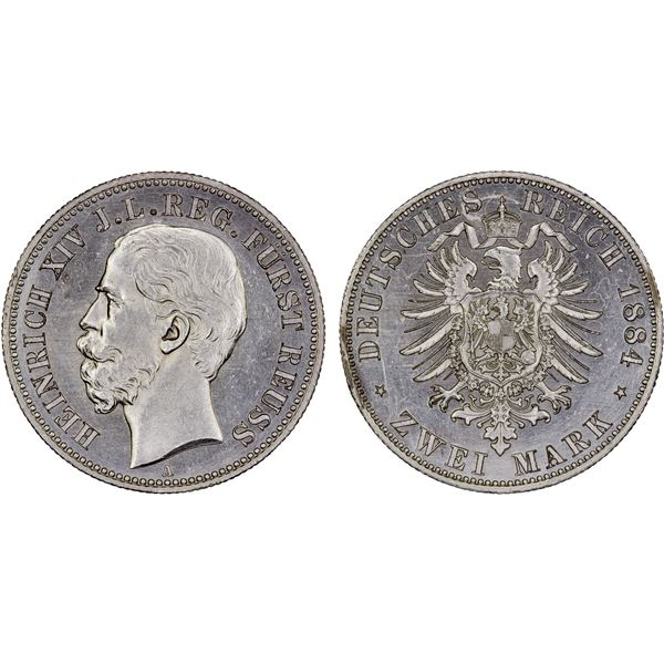 REUSS-SCHLEIZ: Heinrich XIV, 1867-1913, AR 2 mark, 1884, AU