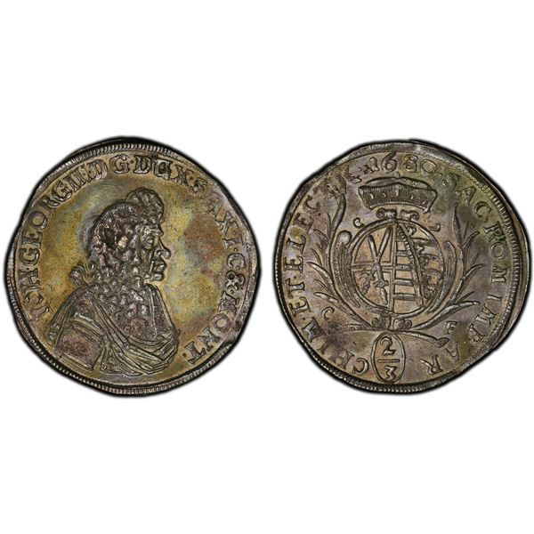 SAXONY: Hans Georg II, 1657-1680, AR 2/3 thaler, Dresden, 1680, PCGS AU58