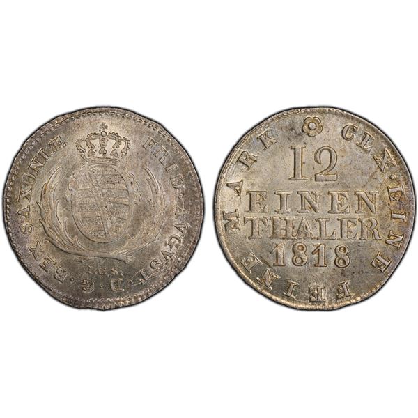 SAXONY: Friedrich August I, 1806-1827, BI 1/12 thaler, Dresden, 1818, PCGS MS64