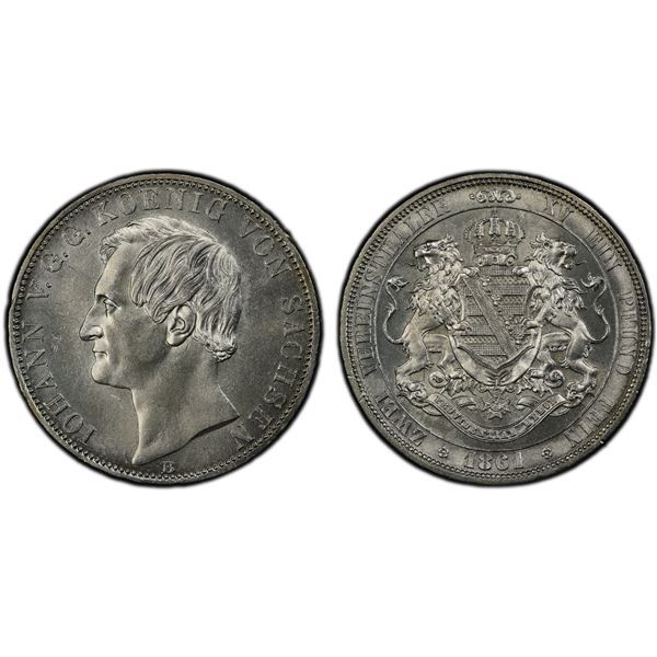 SAXONY: Johann, 1854-1873, AR 2 vereinsthaler, 1861, PCGS UNC details