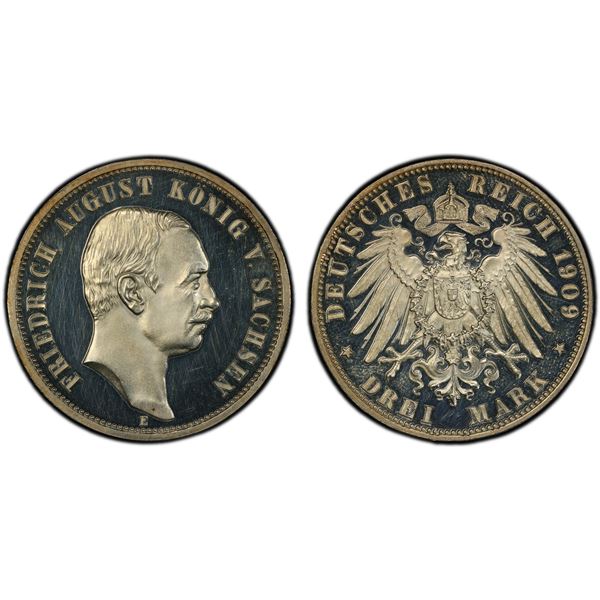 SAXONY: Friedrich August III, 1904-1918, AR 3 mark, 1909-A, PCGS Proof 64 CAM