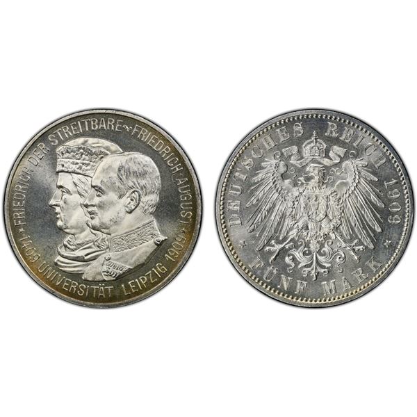 SAXONY: Friedrich August III, 1904–1918, AR 5 mark, 1909, PCGS MS65