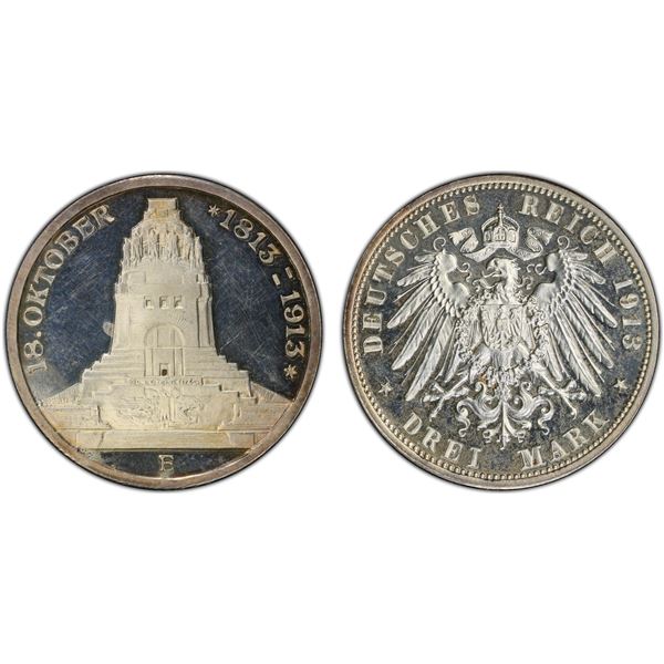 SAXONY: Friedrich August III, 1904–1918, AR 3 mark, 1913-E, PCGS Proof 64 CAM