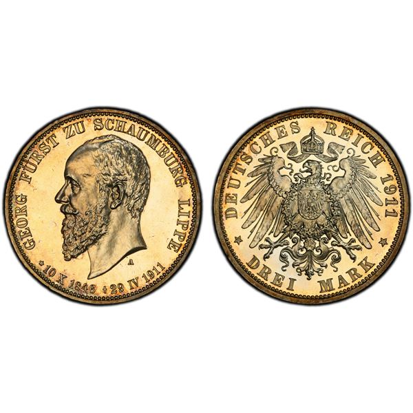 SCHAUMBURG-LIPPE: Adolf II Bernhard, 1911-1918, AR 2 mark, 1911-A, PCGS Proof 65