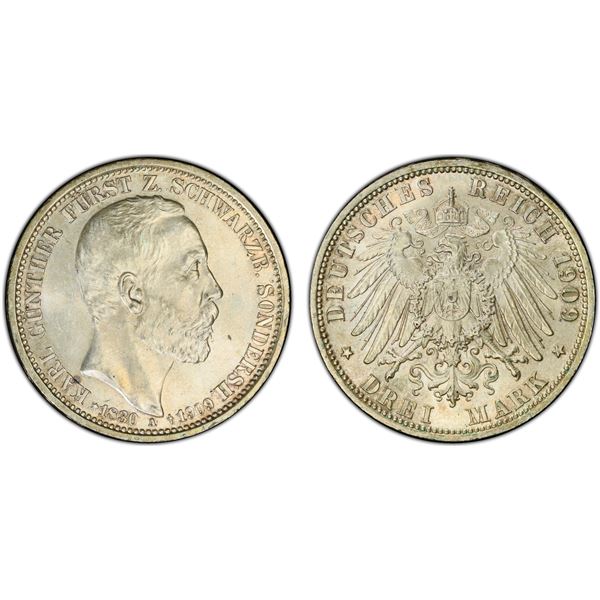 SCHWARZBURG-SONDERSHAUSEN: Karl Günther, 1880-1909, AR 3 mark, 1909-A, PCGS MS63