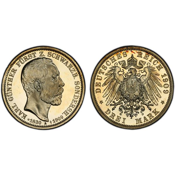 SCHWARZBURG-SONDERSHAUSEN: Günther Victor, 1909-1918, AR 3 mark, 1909-A, PCGS Proof 66 CAM