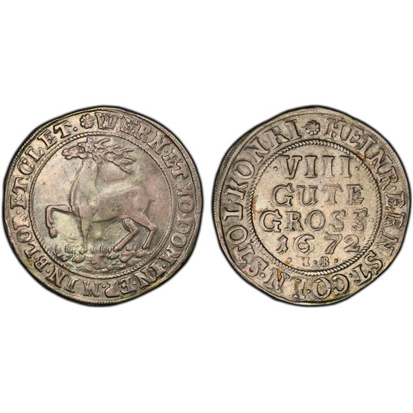 STOLBERG-WERNIGERODE: Heinrich Ernst I, 1638-1672, AR 8 gute groschen (1/3 thaler), 1672, PCGS AU55