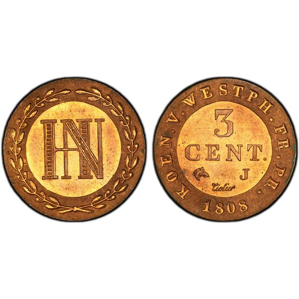 WESTPHALIA: Jérôme (Hieronymus) Napoleon, 1807-1813, AE 3 centimes, Paris, 1808, PCGS Specimen 63 RB
