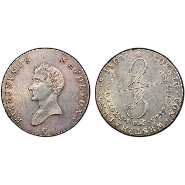 WESTPHALIA: Jérôme (Hieronymus) Napoleon, 1807-1813, AR 2/3 thaler, Cassel, 1809-C, PCGS MS61