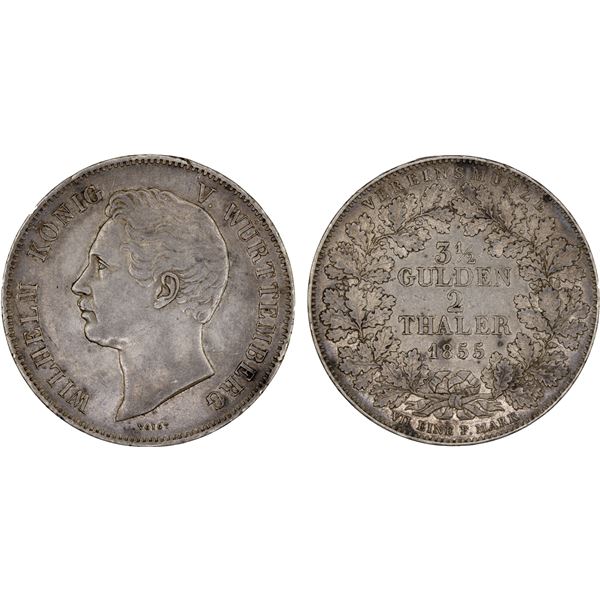 WÜRTTEMBERG: Wilhelm I, 1816-1864, AR 2 thaler, 1855, VF-XF