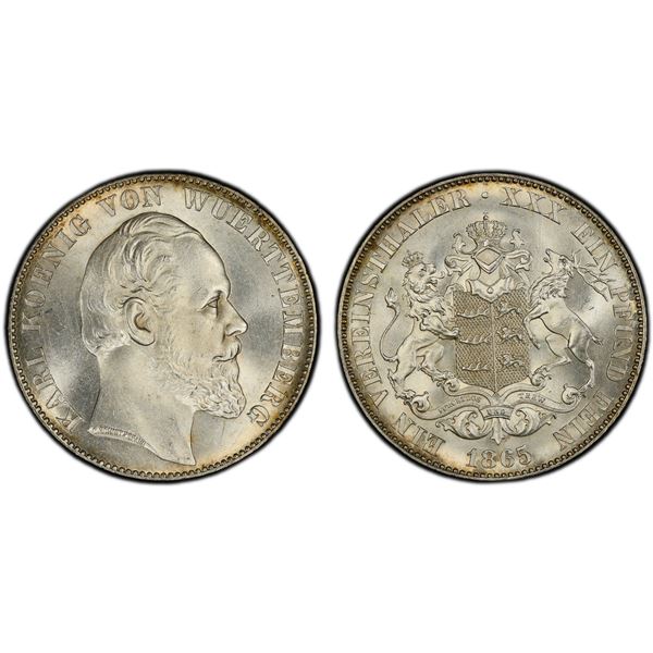WÜRTTEMBERG: Karl I, 1864-1891, AR vereinsthaler, 1865, PCGS MS65