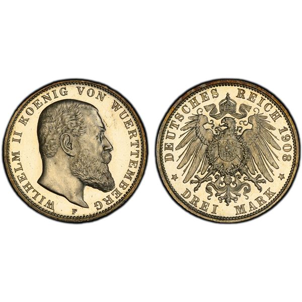 WÜRTTEMBERG: Friedrich II, 1907-1918, AR 3 mark, 1908-F, PCGS Proof 64 CAM