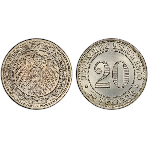GERMANY: Kaiserreich, 20 pfennig, 1890-E, PCGS MS65