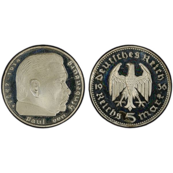 GERMANY: Third Reich, AR 5 reichsmark, 1936-F, PCGS Proof 65 DCAM