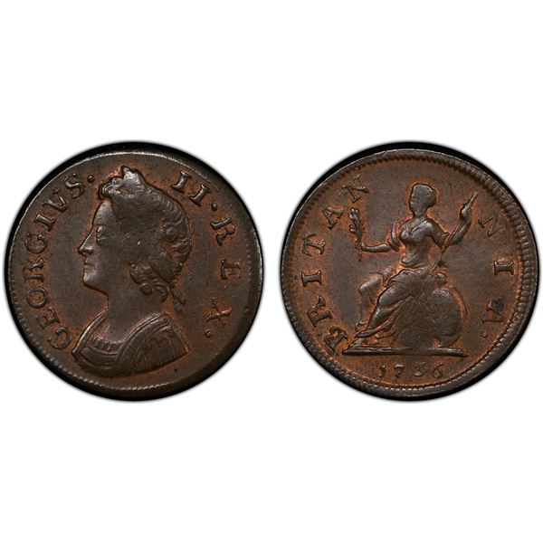 GREAT BRITAIN: George II, 1727-1760, AE farthing, 1736, PCGS MS61 BN