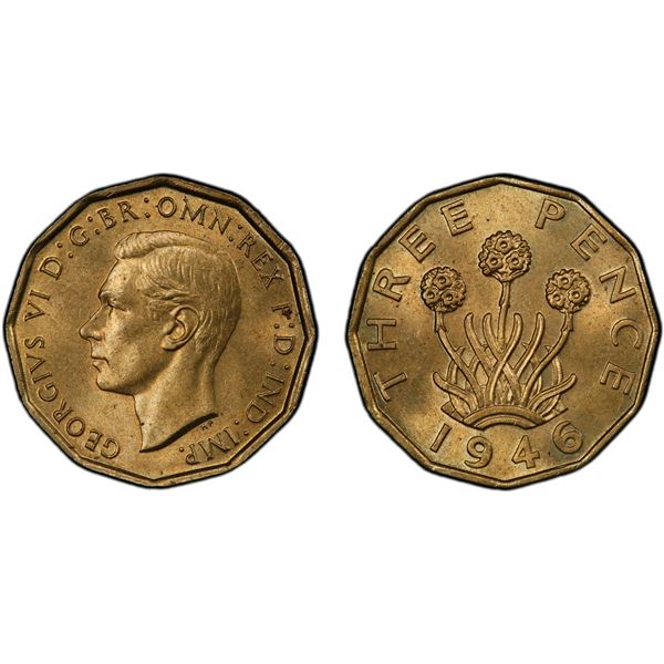 GREAT BRITAIN: George VI, 1936-1952, threepence, 1946, PCGS MS64