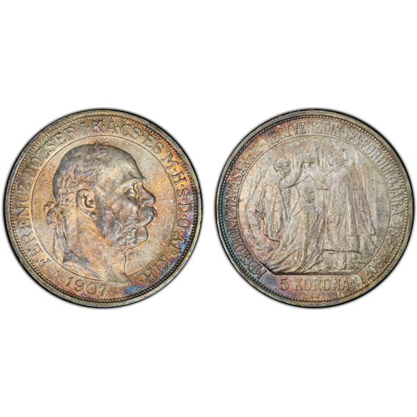 HUNGARY: Franz Josef I, 1848-1916, AR 5 korona, 1907-KB, PCGS MS63
