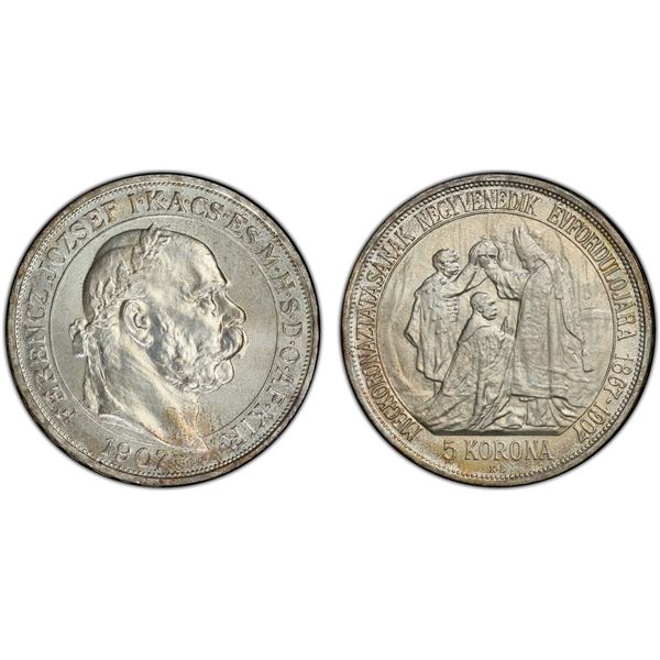 HUNGARY: Restrikes, AR 5 korona, "1907-KB", PCGS MS66