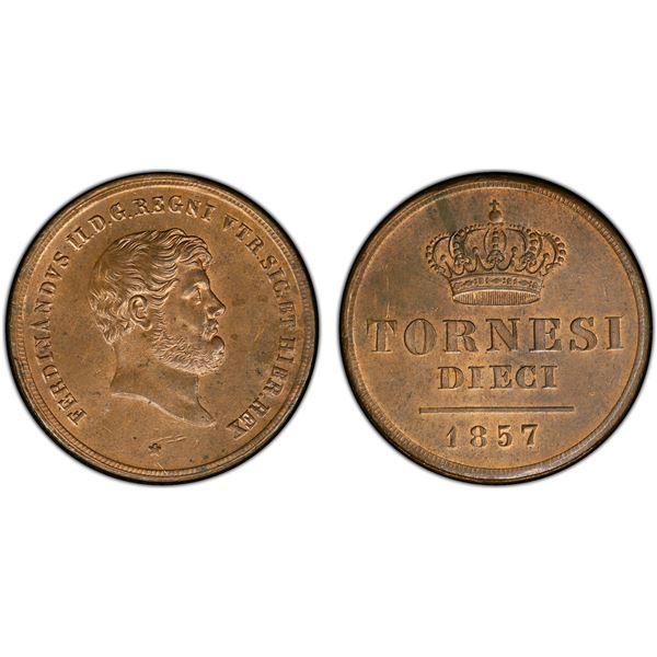 NAPLES & SICILY: Ferdinando II, 1830-1859, AE 10 tornesi, 1857, PCGS MS64 RB