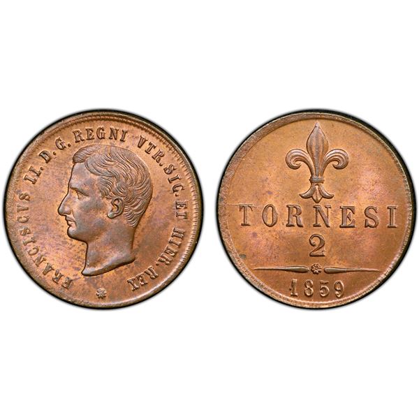 NAPLES & SICILY: Francesco II, 1859-1860, AE 2 tornesi, 1859, PCGS MS64 RB