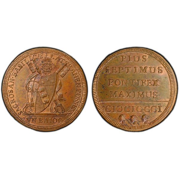 PAPAL STATES: Pius VII, 1800-1823, AE baiocco, 1801, PCGS MS63 BN