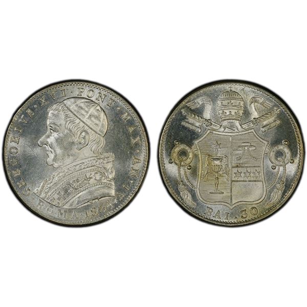 PAPAL STATES: Gregory XVI, 1831-1846, AR 30 baiocchi, Rome, 1834 year IV, PCGS MS65