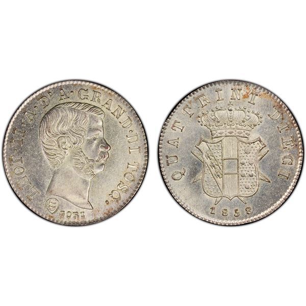 TUSCANY: Leopoldo II, 1824-1859, AR 10 quattrini, 1858, PCGS MS64